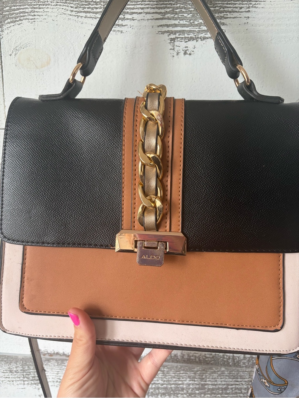 Black and Tan Top-Handle Crossbody Bag with Gold Chain Accent, and Scarf accent. - Picture 2 of 8